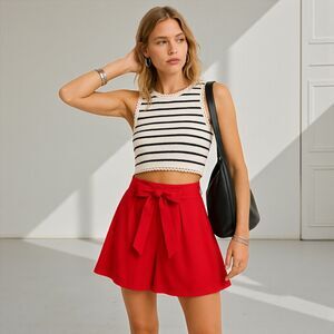 ZARA Red High-Waisted Tie-Front Skort